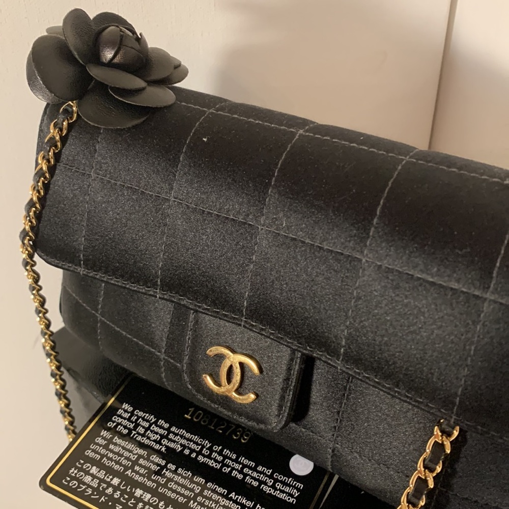 CHANEL Iconic Y2k Quilted Camellia Flap Bag Black Vegan Satin CC Gold Chain HW